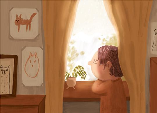 Smutny chlopiec przy oknie ilustracja